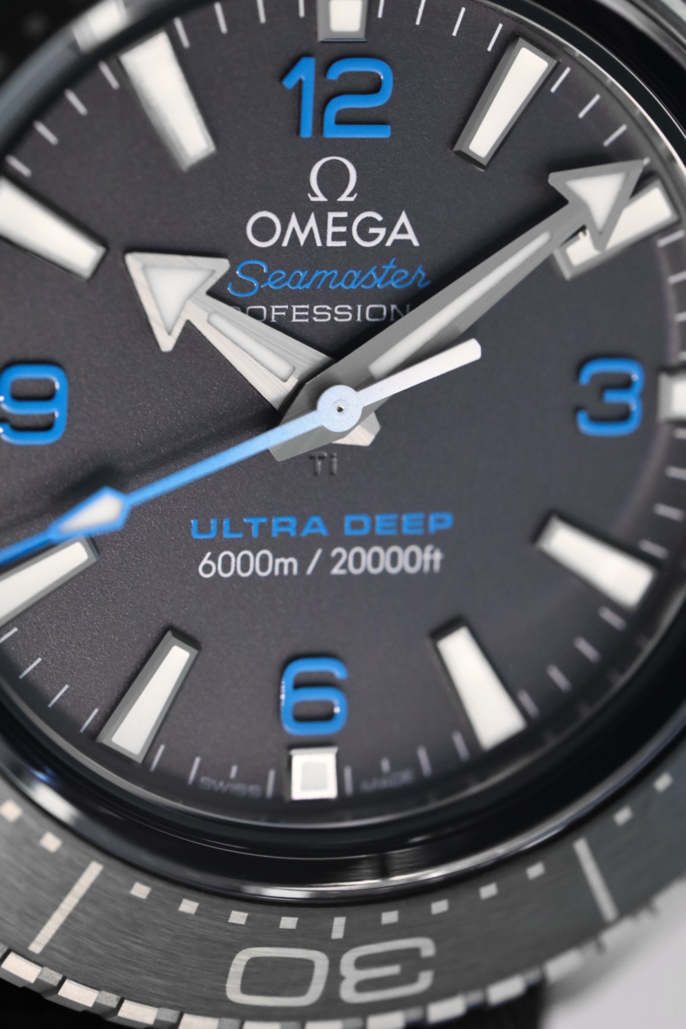 2022 Omega Seamaster Planet Ocean 6000M Ultra Deep Master Chronometer dial close-up